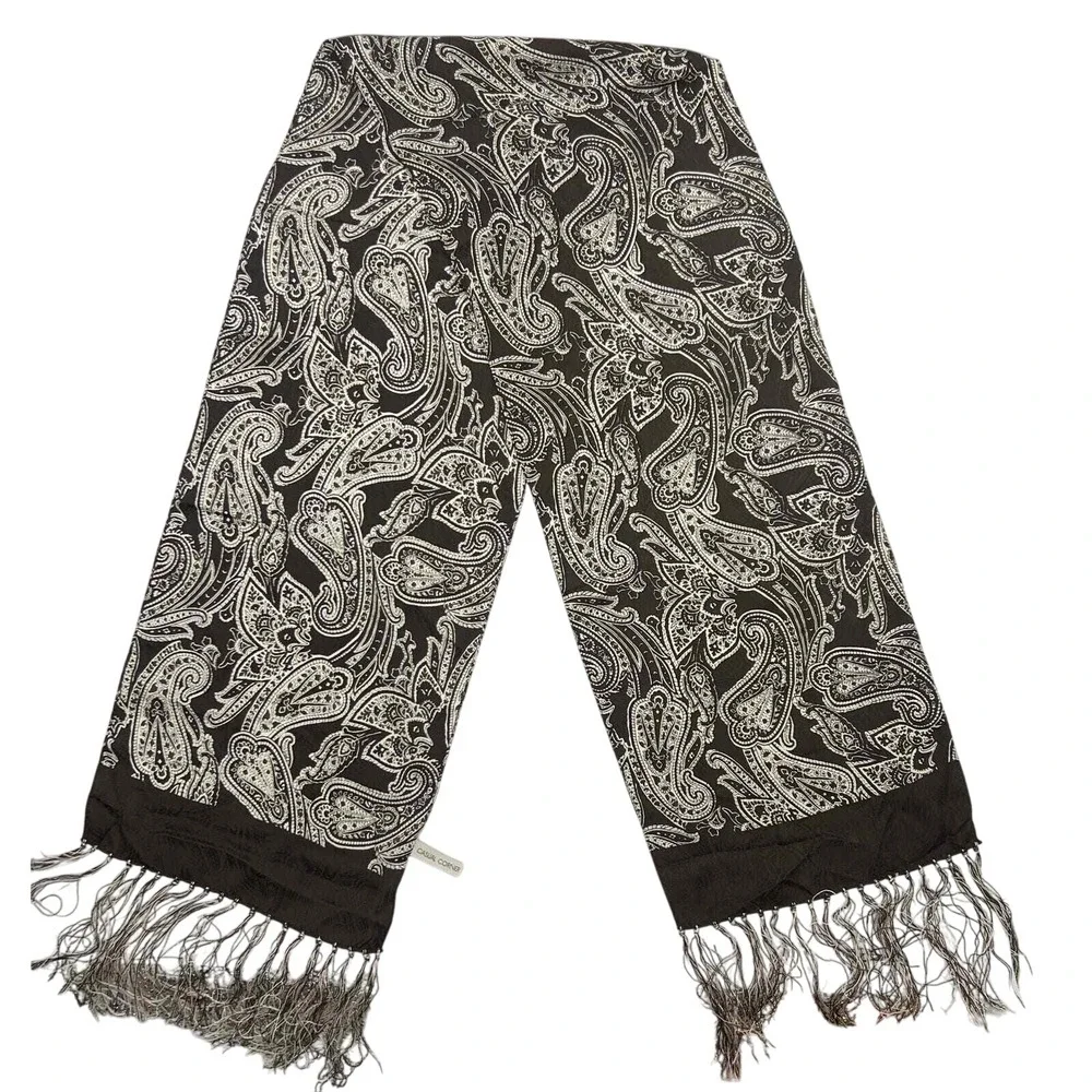 Casual Corner 100% Silk‎ Scarf Brown White With Fringe 54 in Length 10 in Wide